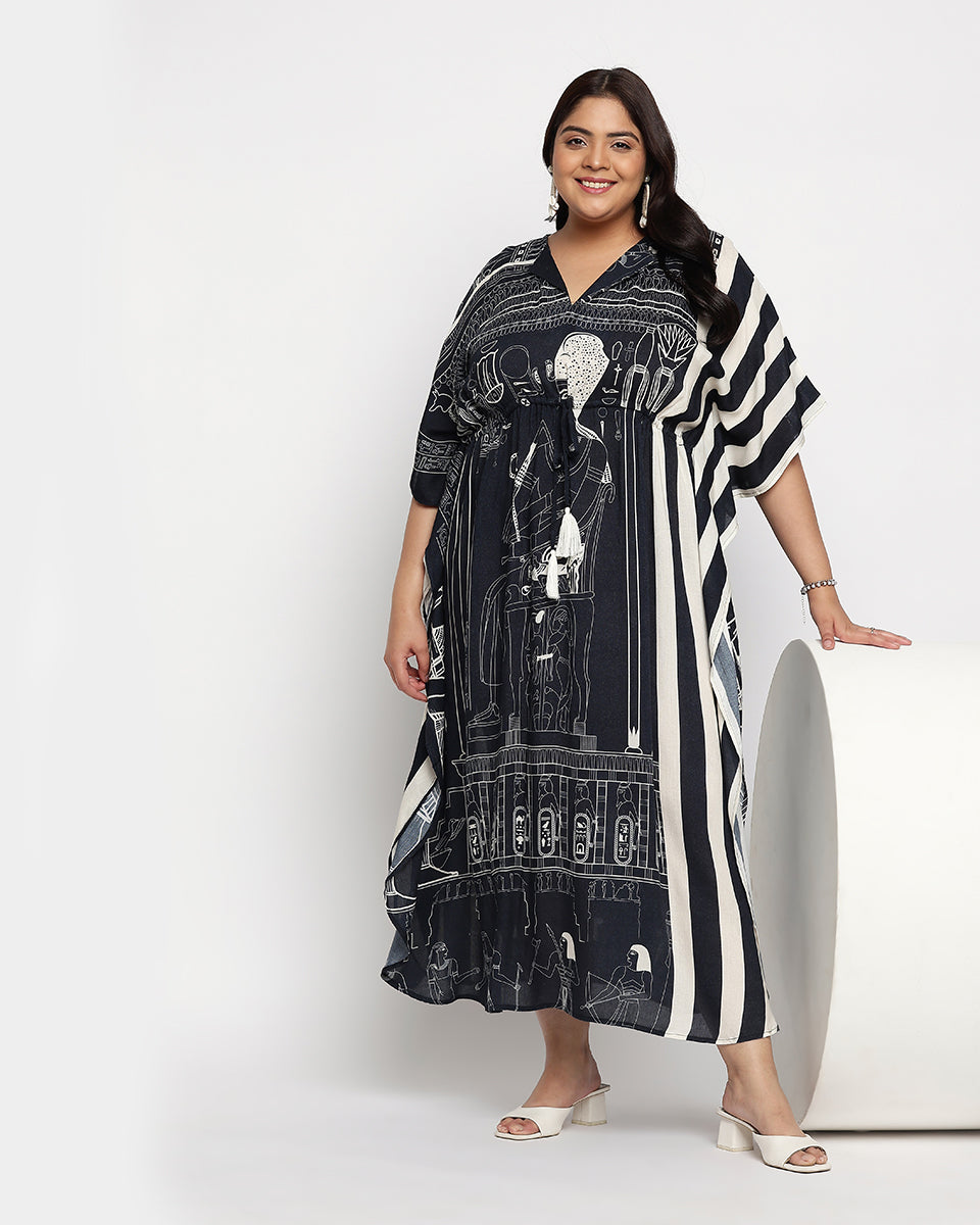 Abstract Print Black And Gray Polyester Plus Size Kaftan For Women