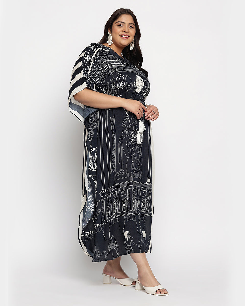 Black And White Rayon Plus Size Egyptian print Kaftan For Women
