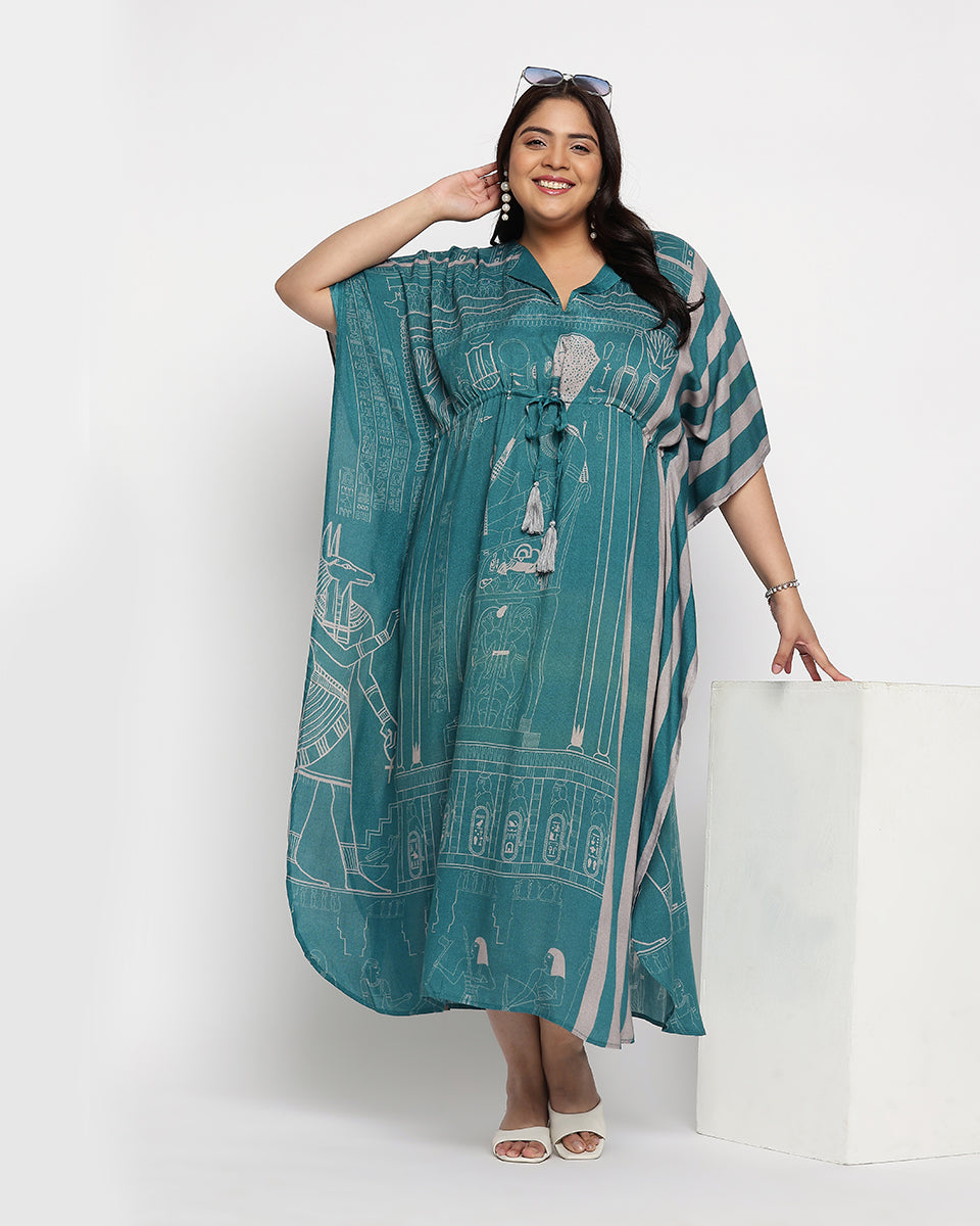 Green And Teal Rayon Tribal Print Kaftan For Plus Size Women