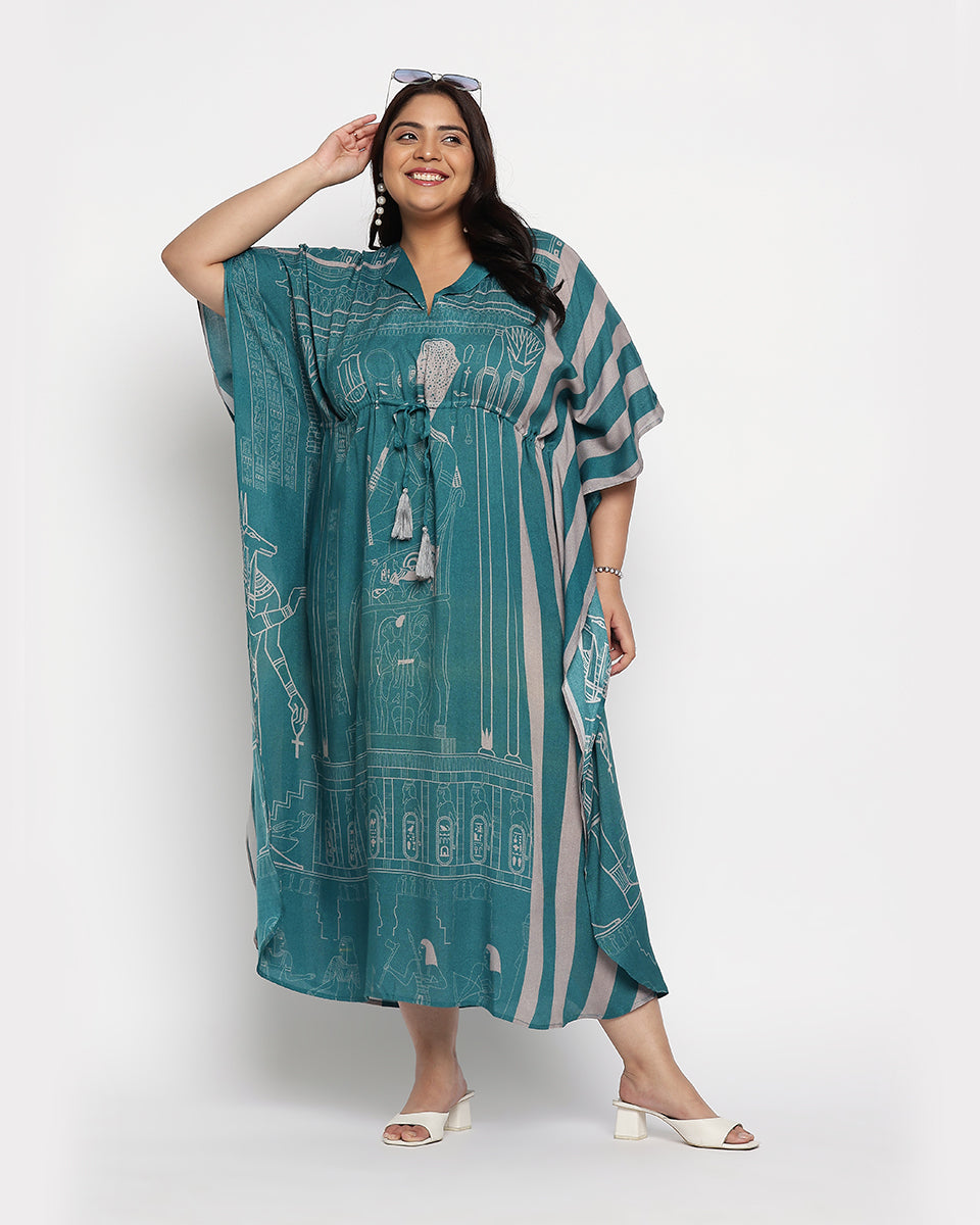 Green And Teal Rayon Tribal Print Kaftan For Plus Size Women