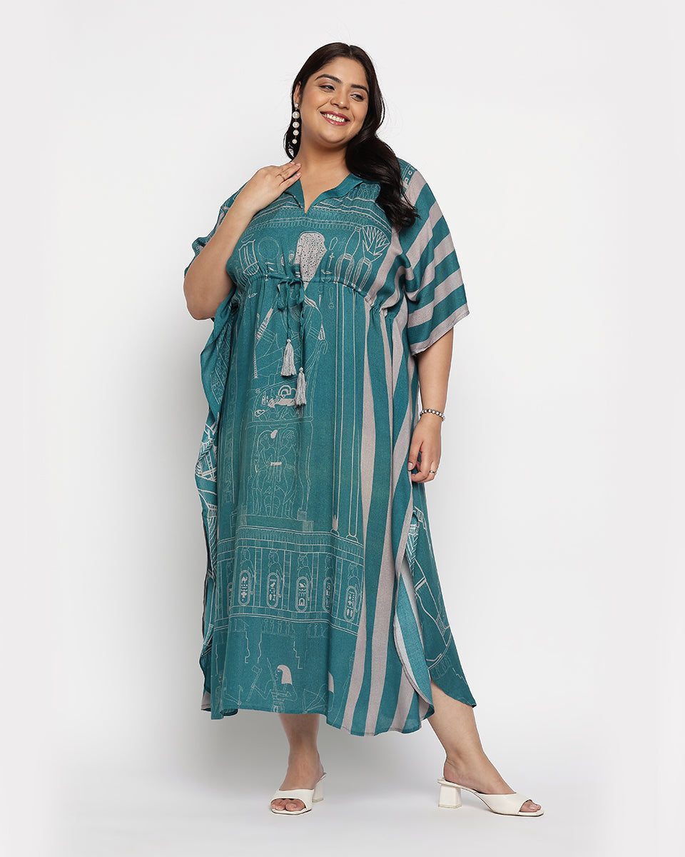 Green And Teal Rayon Tribal Print Kaftan For Plus Size Women