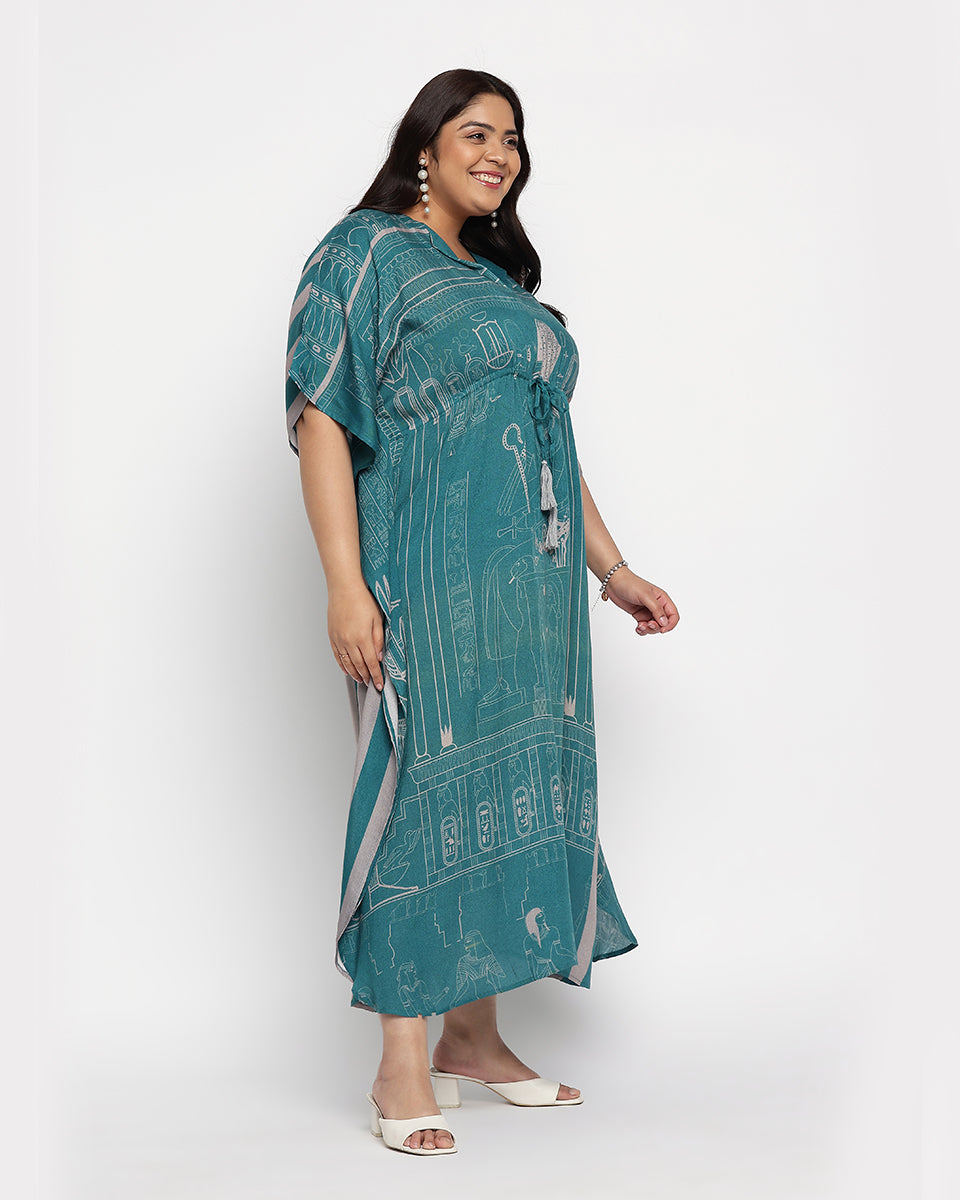 Green And Teal Rayon Tribal Print Kaftan For Plus Size Women