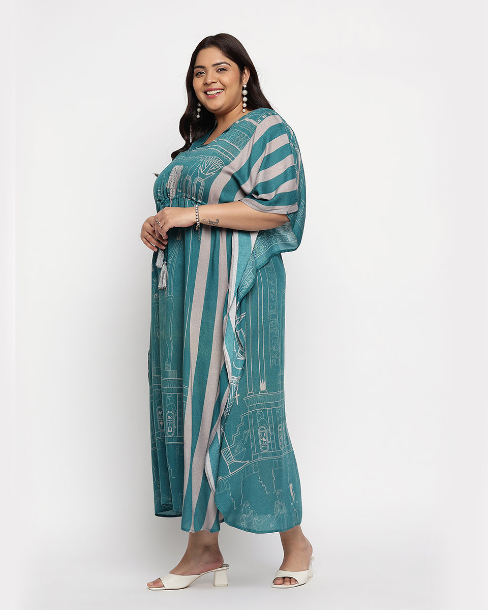 Green And Teal Rayon Tribal Print Kaftan For Plus Size Women