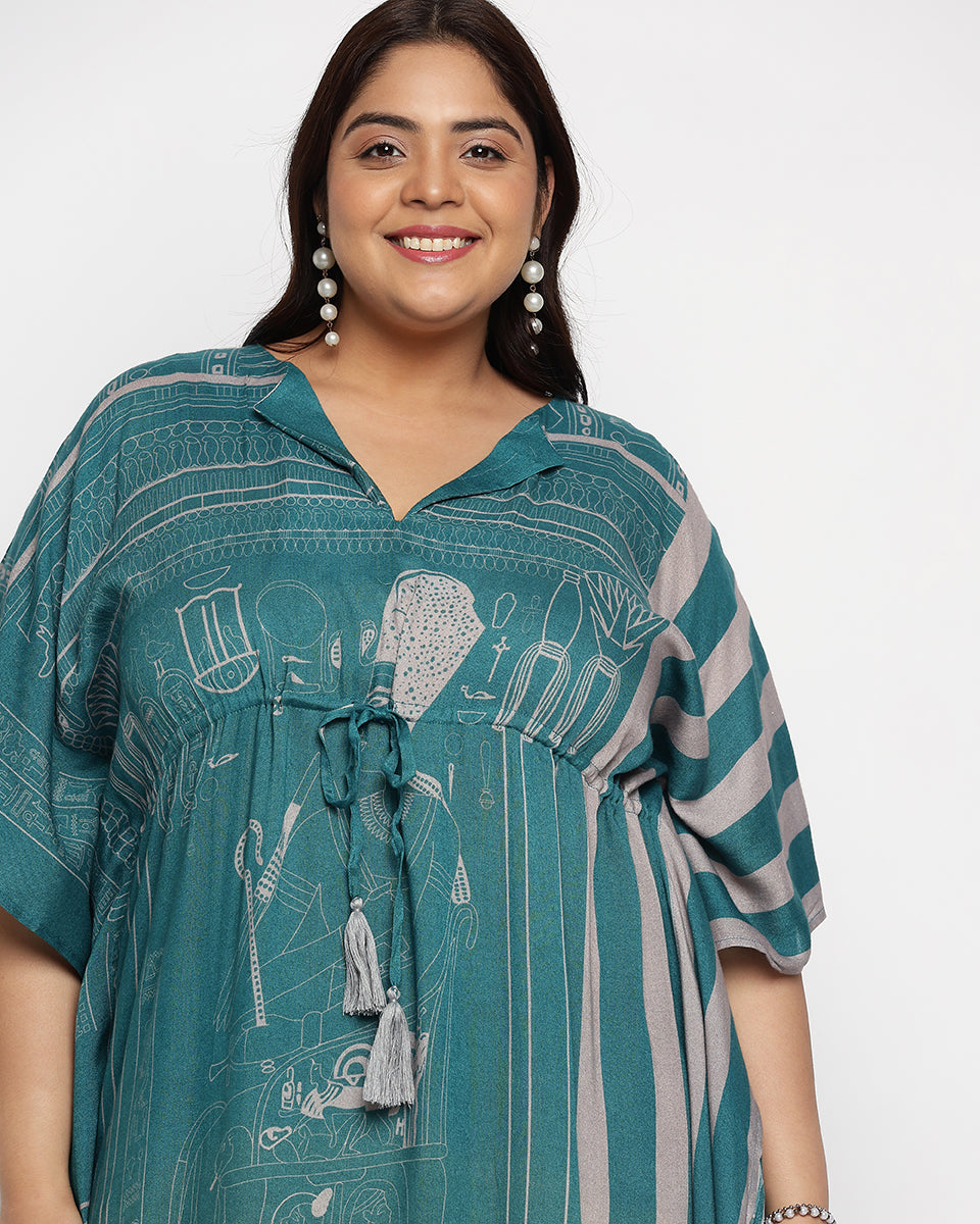 Green And Teal Rayon Tribal Print Kaftan For Plus Size Women