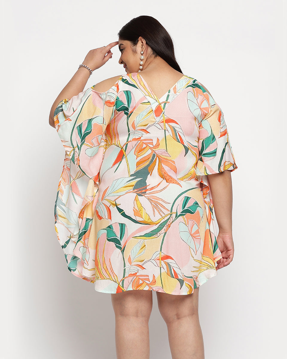 Multicolor Leaf Print Plus Size Rayon Tunic Top For Women