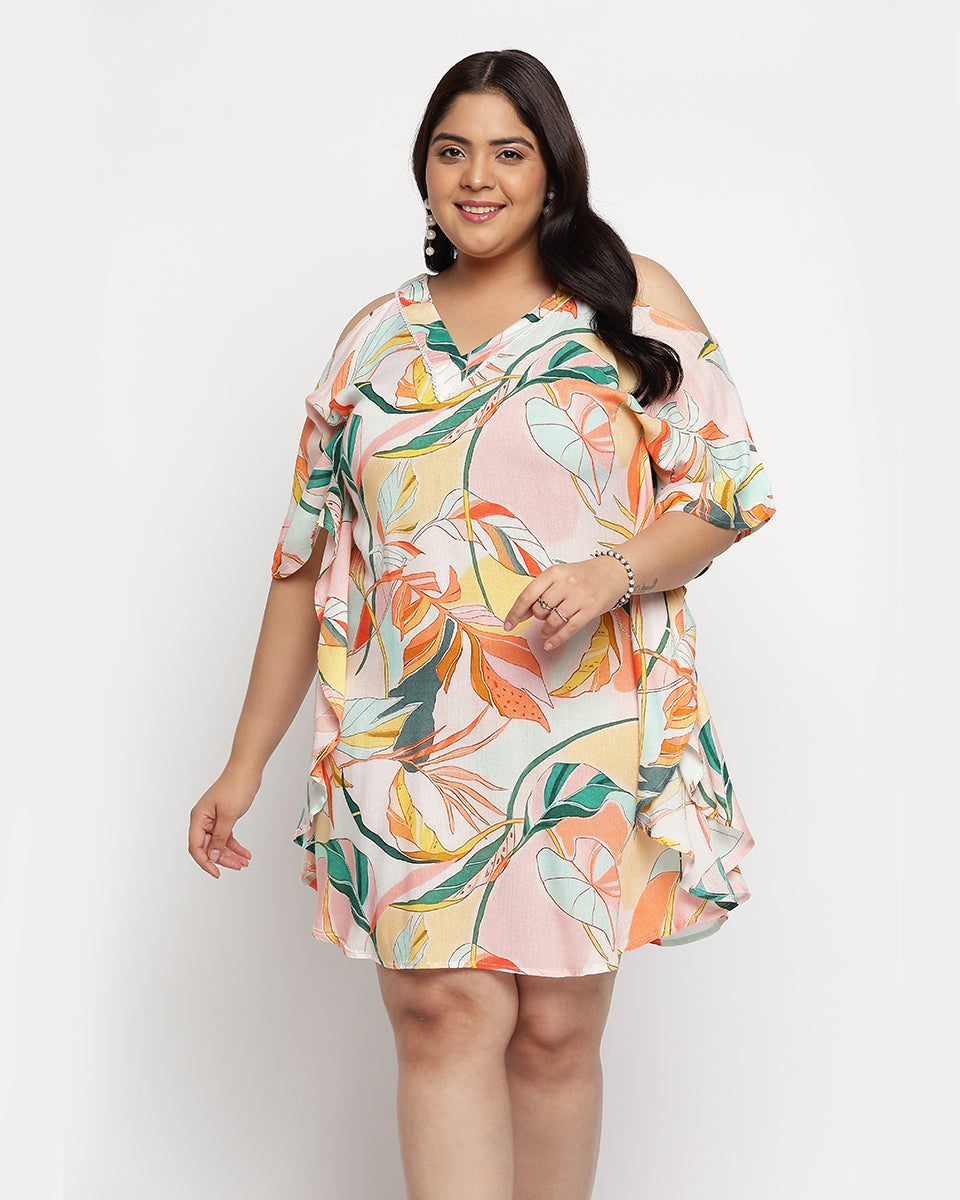 Multicolor Leaf Print Plus Size Rayon Tunic Top For Women