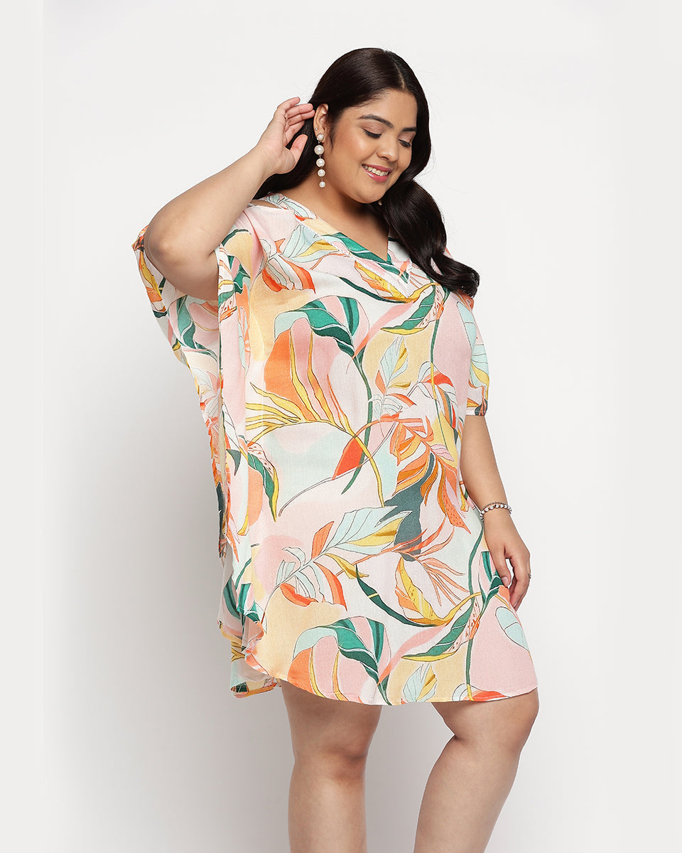 Multicolor Leaf Print Plus Size Rayon Tunic Top For Women