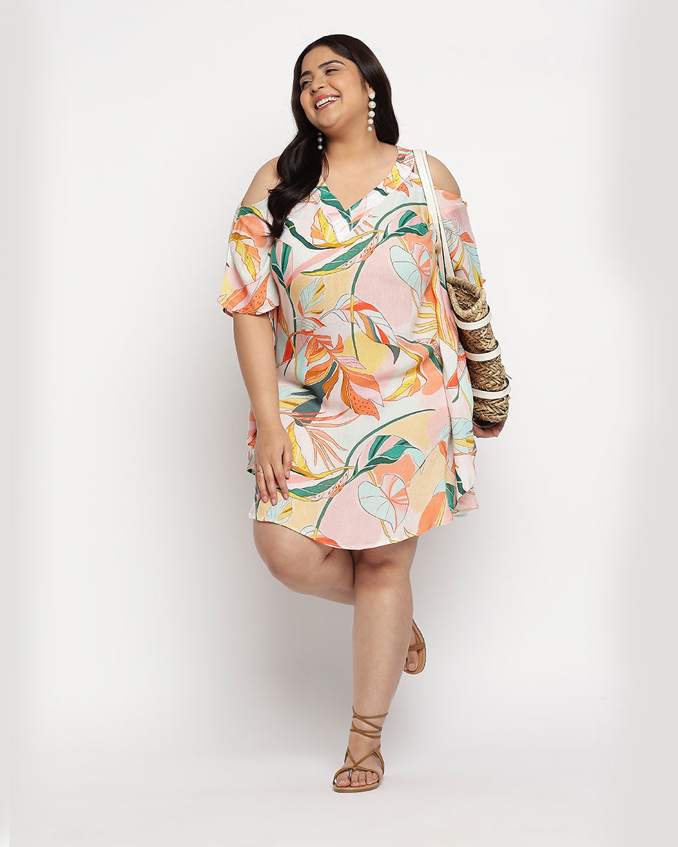 Multicolor Leaf Print Plus Size Rayon Tunic Top For Women