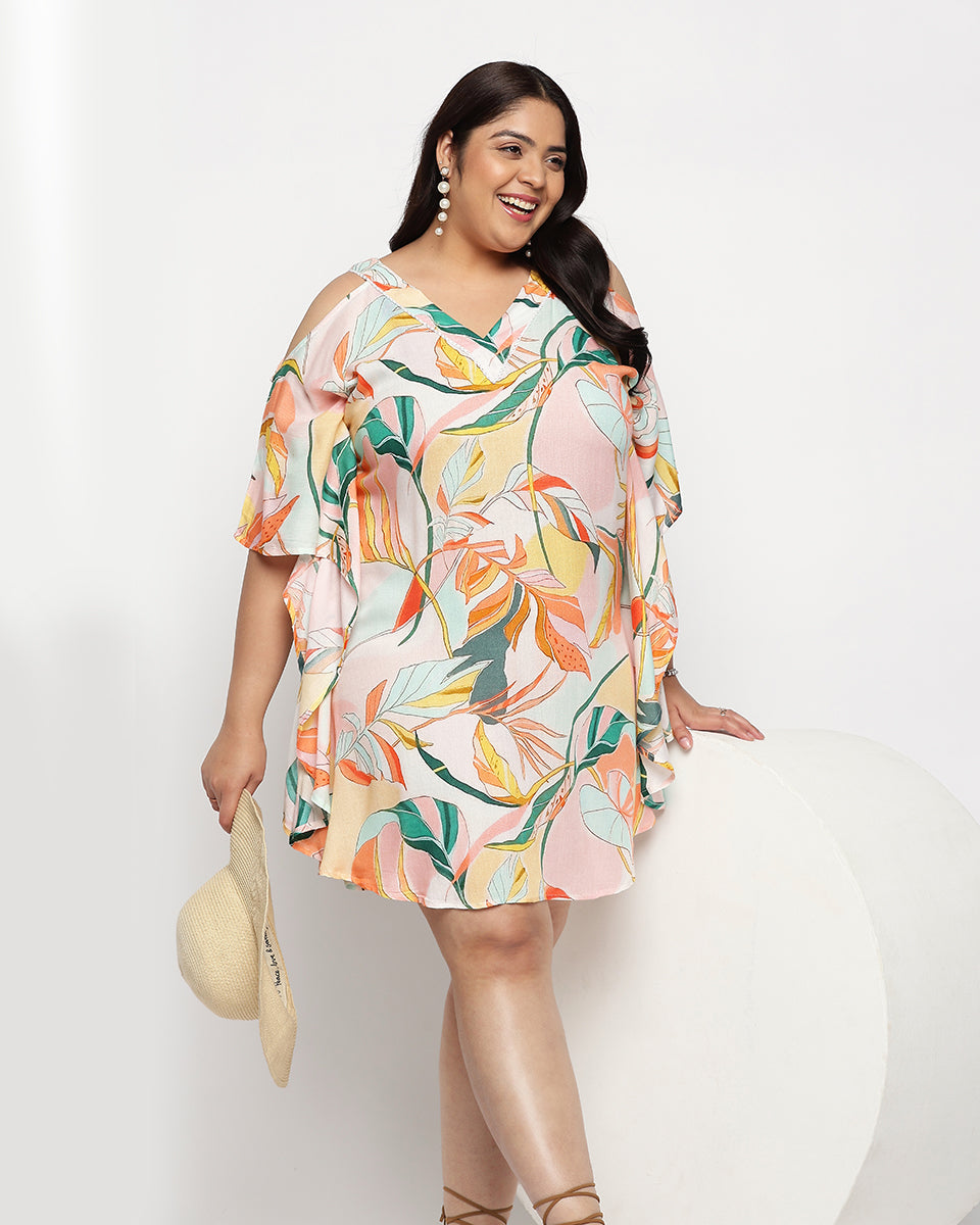 Multicolor Leaf Print Plus Size Rayon Tunic Top For Women