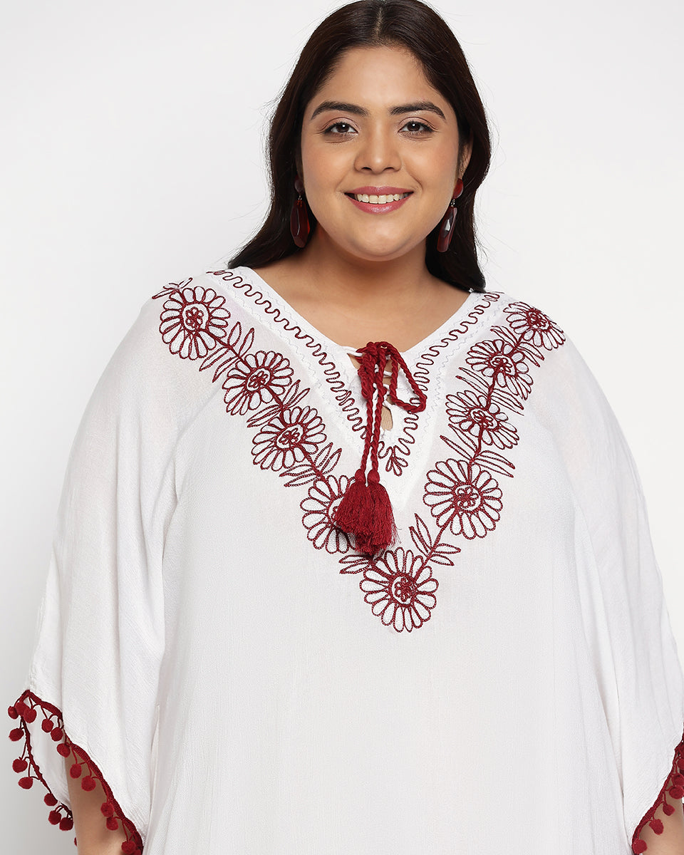 Red And White Embroidered Plus Size Rayon Kaftan Dress For Women