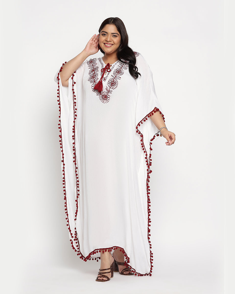Red And White Embroidered Plus Size Rayon Kaftan Dress For Women