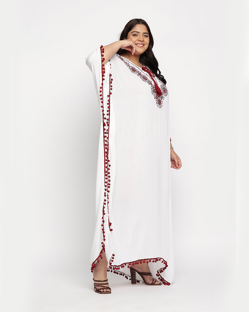 Red And White Embroidered Plus Size Rayon Kaftan Dress For Women