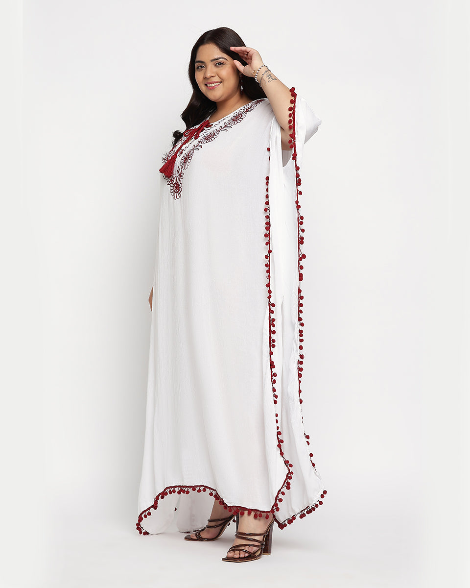 Red And White Embroidered Plus Size Rayon Kaftan Dress For Women