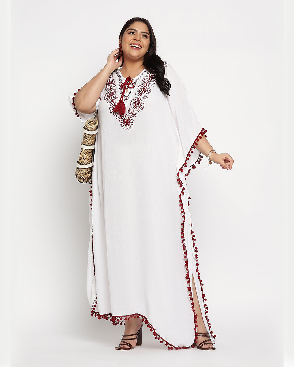 Red And White Embroidered Plus Size Rayon Kaftan Dress For Women