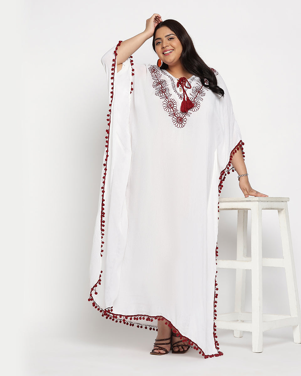 Red And White Embroidered Plus Size Rayon Kaftan Dress For Women