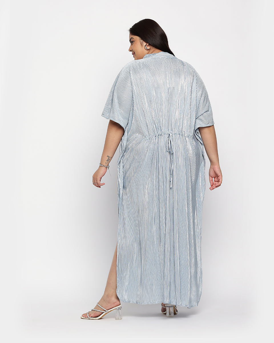 Grey Striped Poly Knit Plus size Button Kaftan For Women