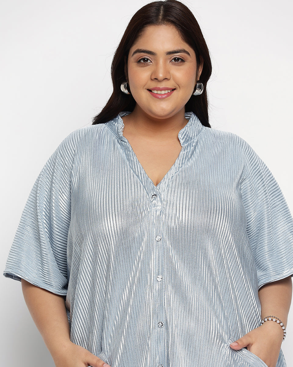 Grey Striped Poly Knit Plus size Button Kaftan For Women