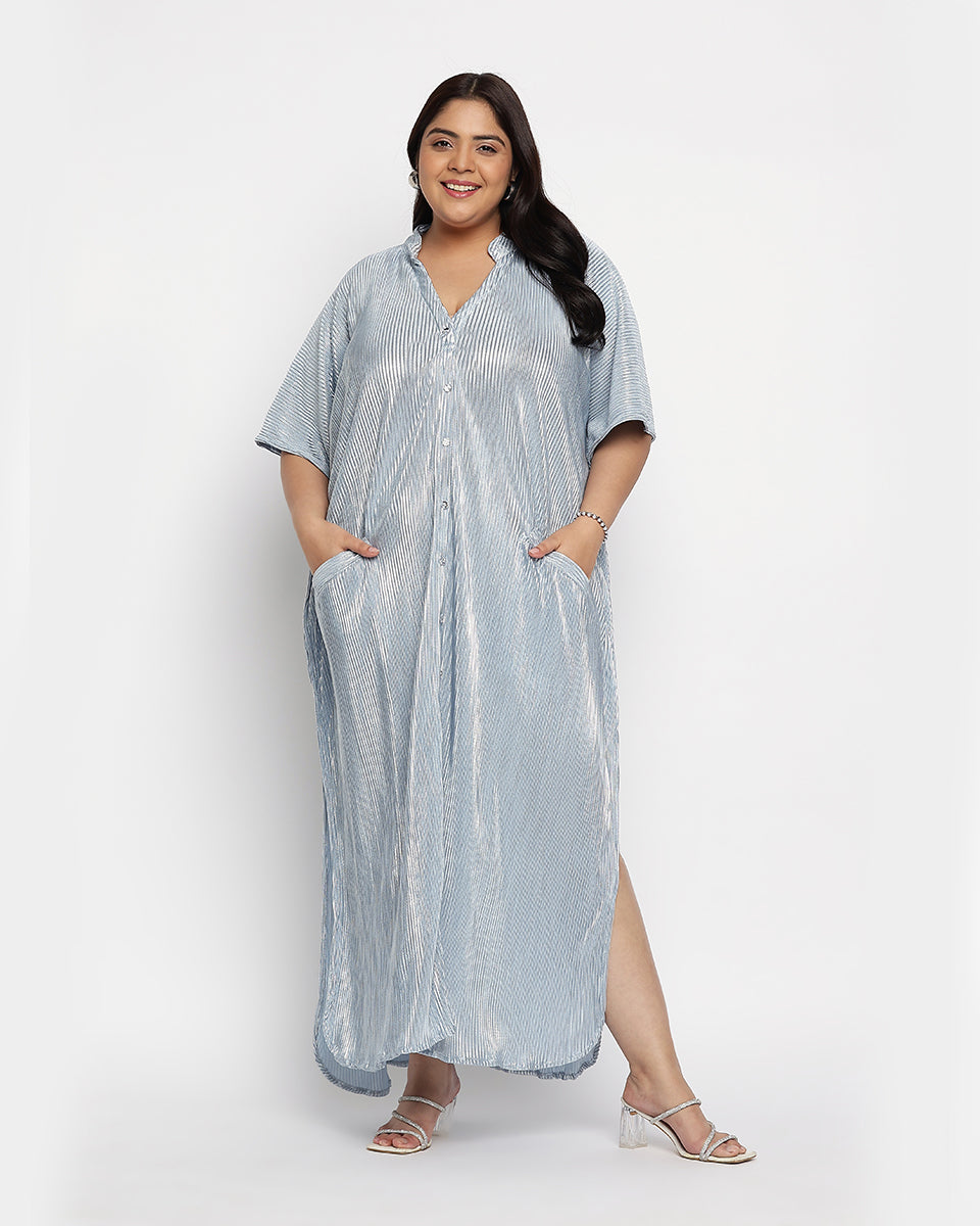 Grey Striped Poly Knit Plus size Button Kaftan For Women