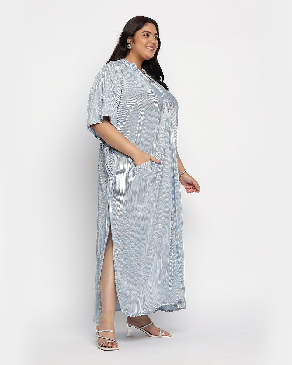 Grey Striped Poly Knit Plus size Button Kaftan For Women