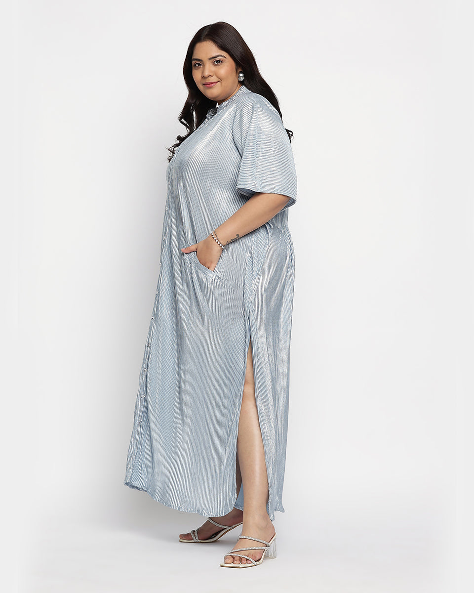 Grey Striped Poly Knit Plus size Button Kaftan For Women