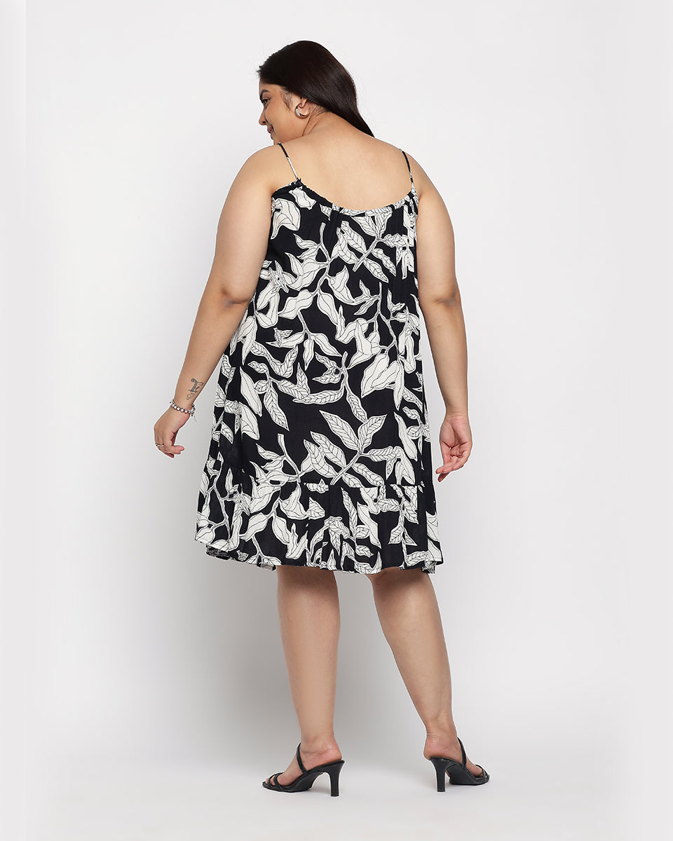 Leaf Print Black And White Rayon Crepe Elegant Midi Dress For Women