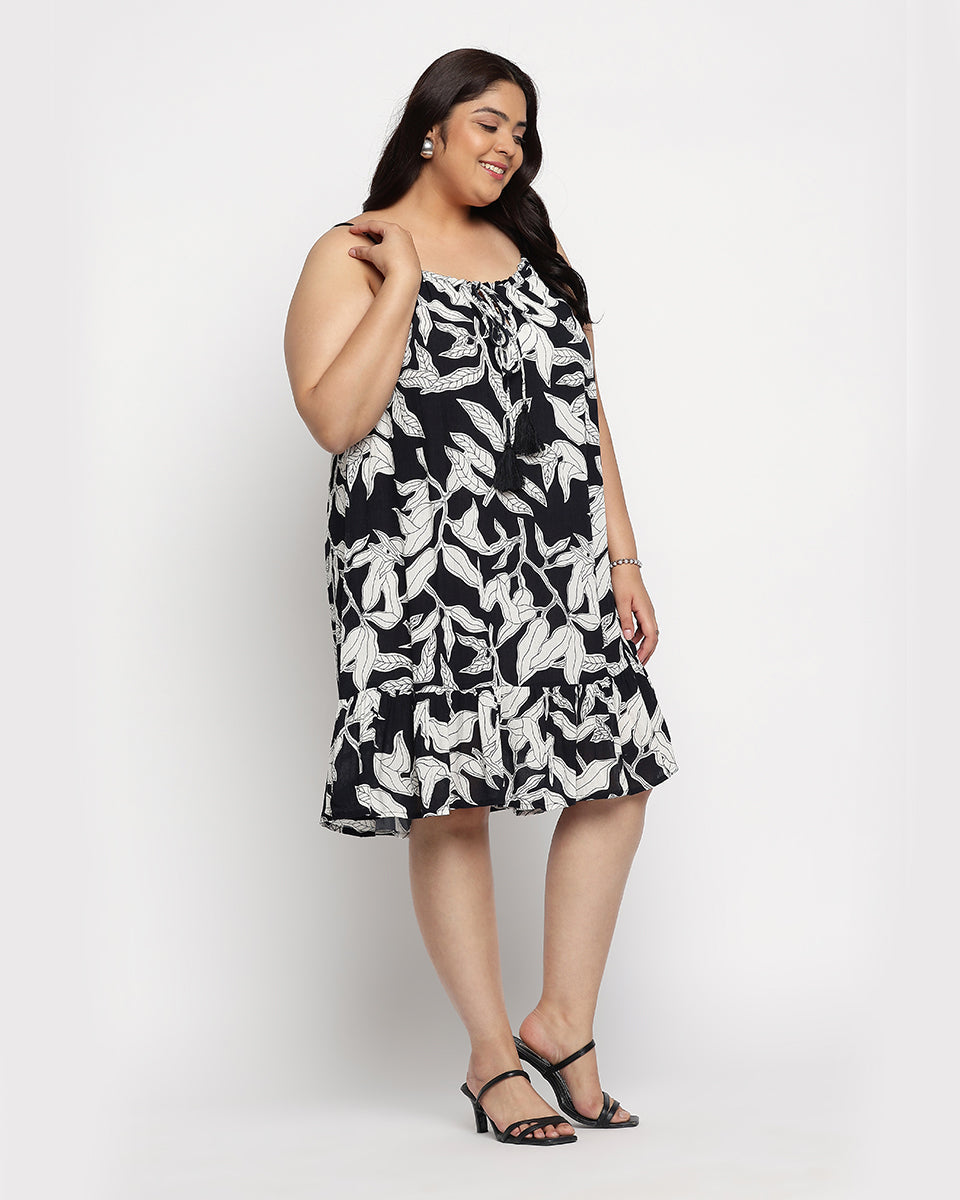 Leaf Print Black And White Rayon Crepe Elegant Midi Dress For Women