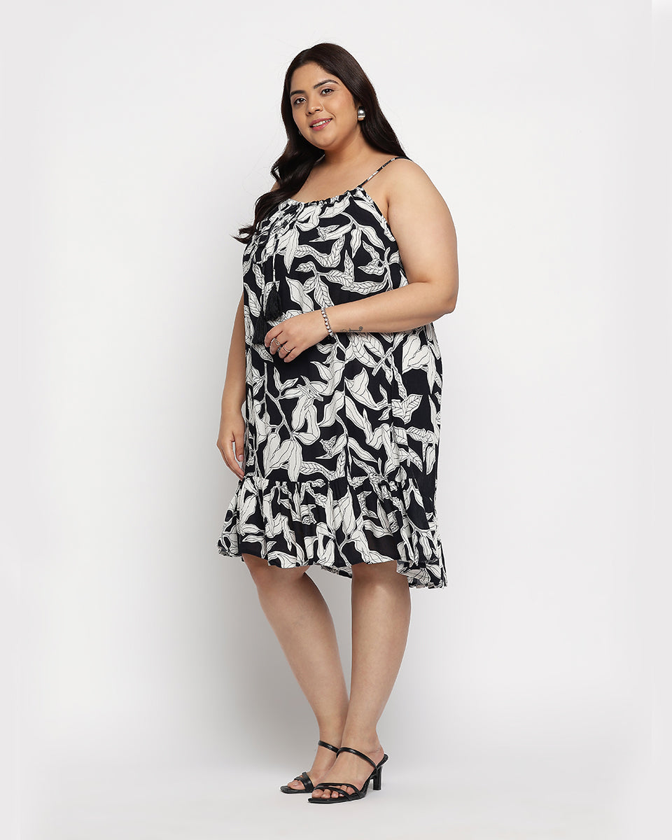Leaf Print Black And White Rayon Crepe Elegant Midi Dress For Women