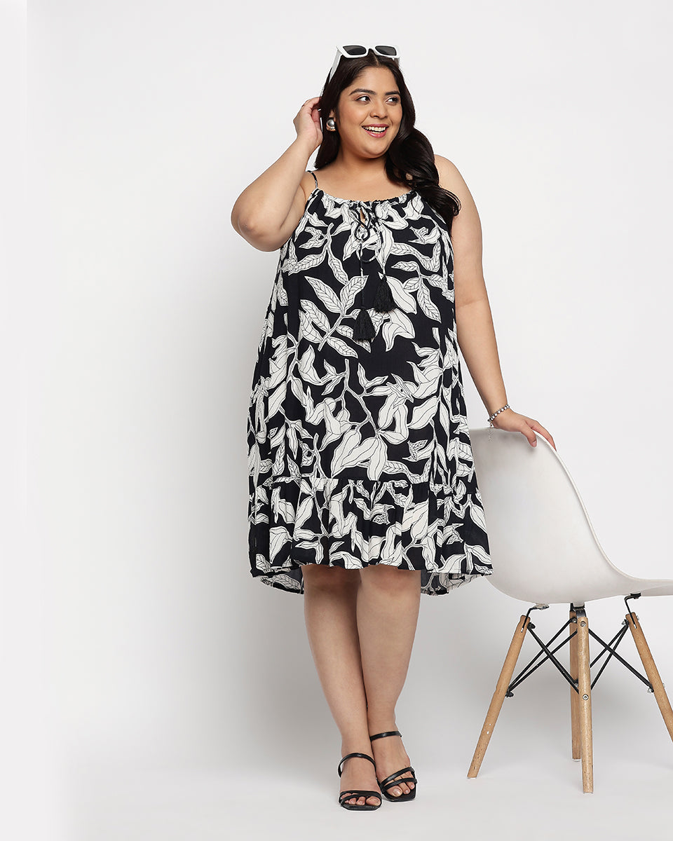 Leaf Print Black And White Rayon Crepe Elegant Midi Dress For Women