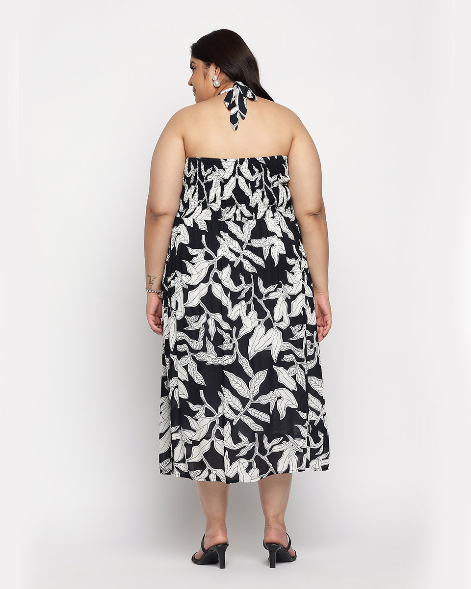 Black And White Leaf Rayon Crepe Halter Neck Midi Dress For Women