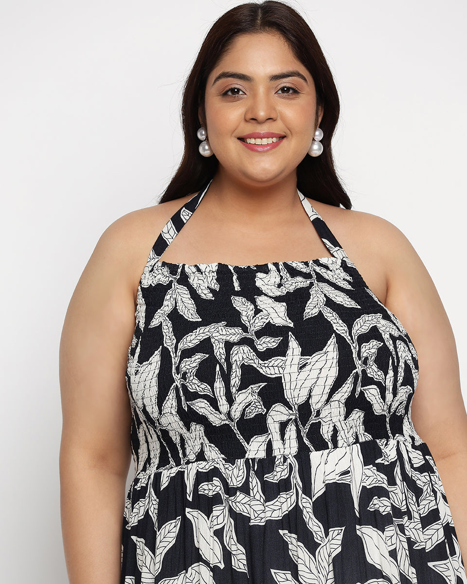 Black And White Leaf Rayon Crepe Halter Neck Midi Dress For Women