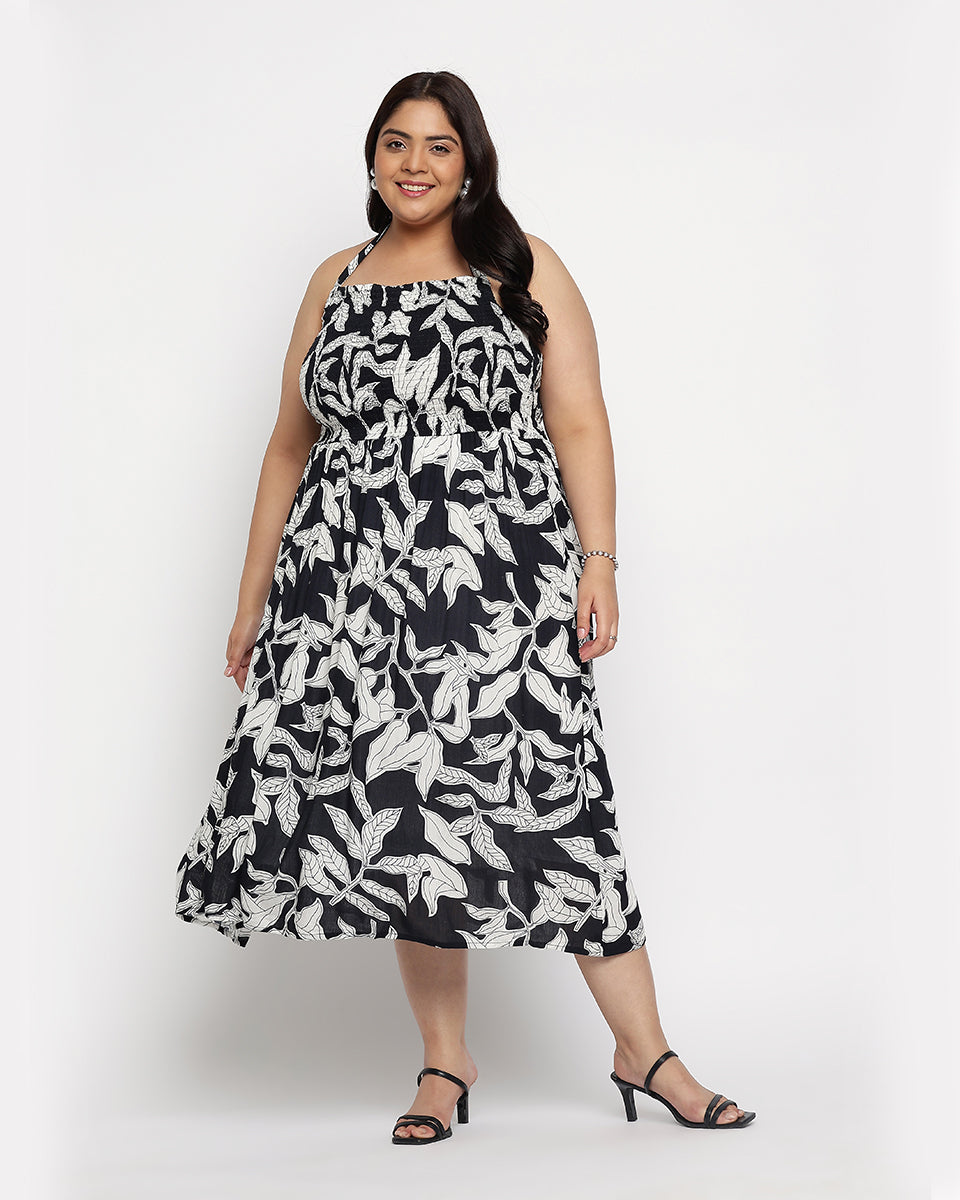 Black And White Leaf Rayon Crepe Halter Neck Midi Dress For Women