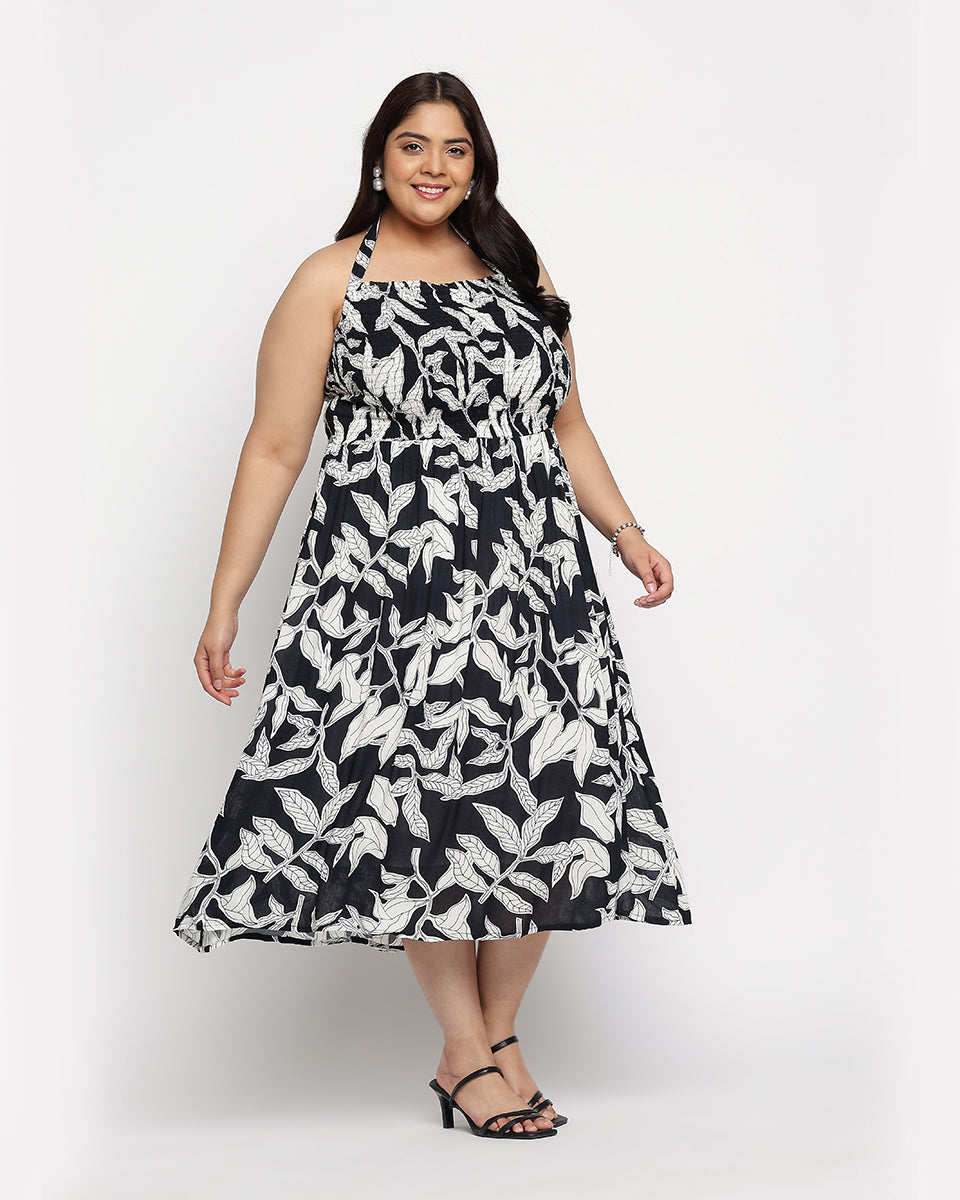 Black And White Leaf Rayon Crepe Halter Neck Midi Dress For Women