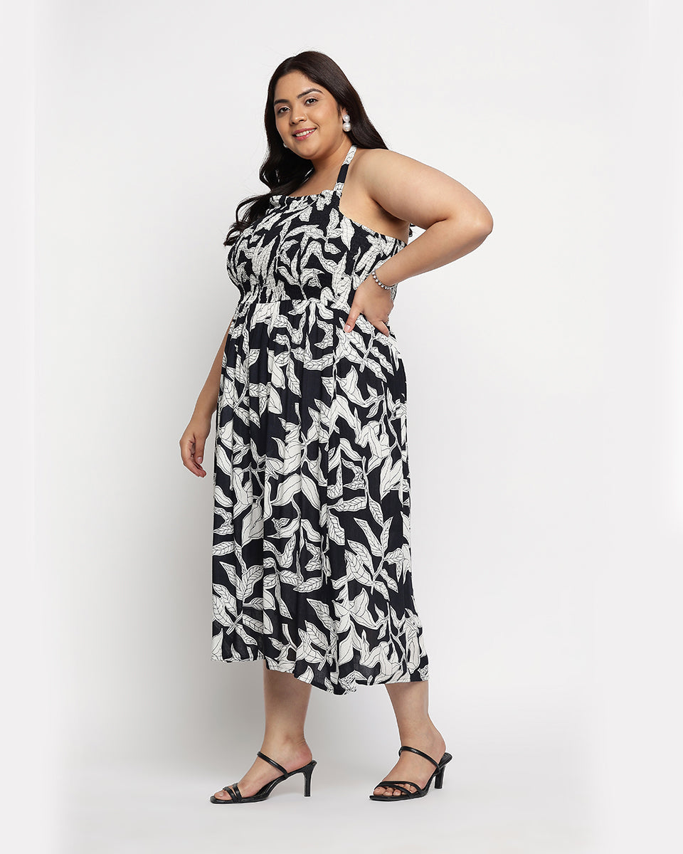Black And White Leaf Rayon Crepe Halter Neck Midi Dress For Women