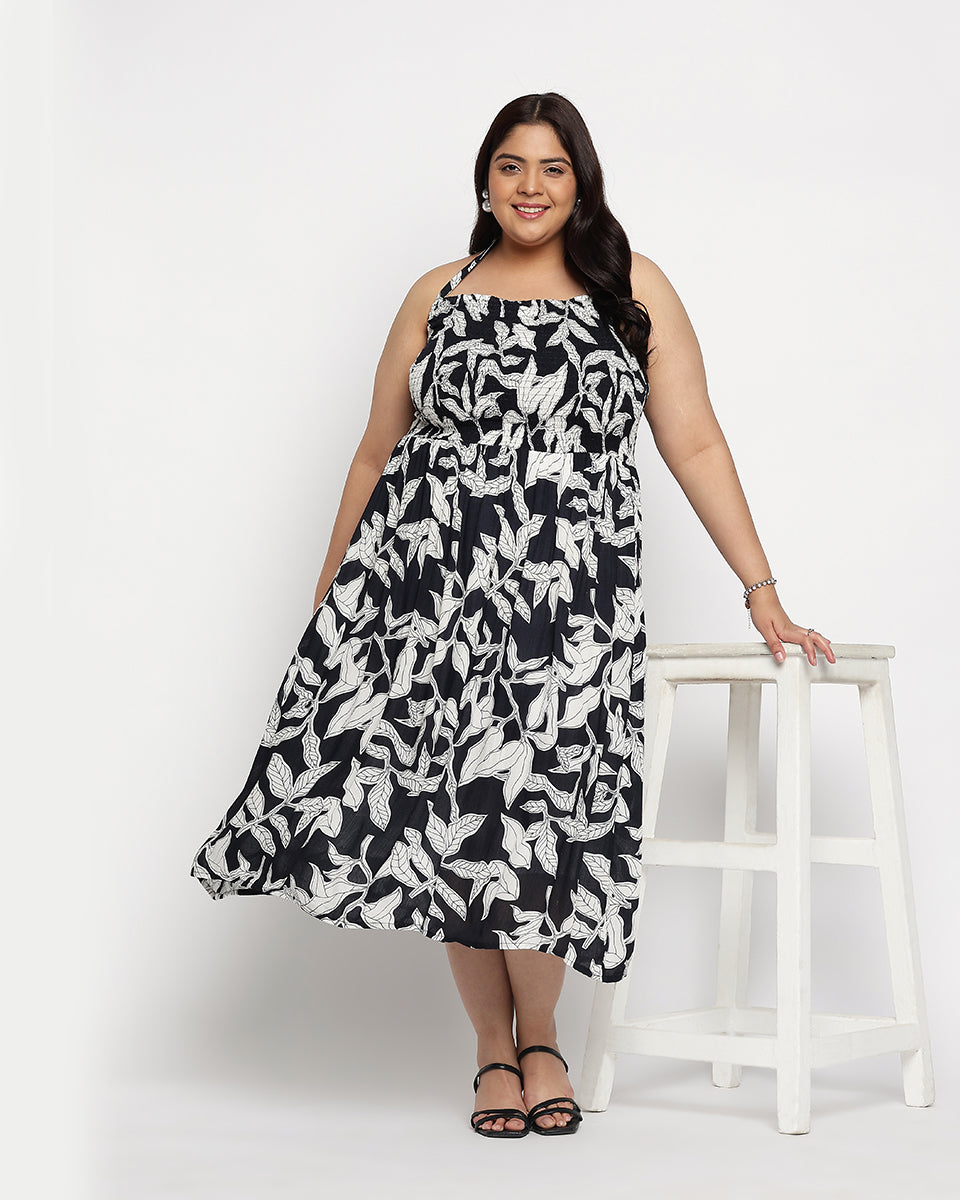 Black And White Leaf Rayon Crepe Halter Neck Midi Dress For Women
