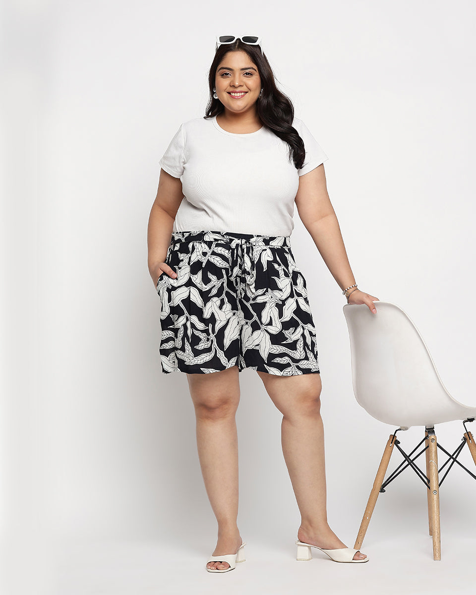 White And Black Rayon Crepe Shorts For Women