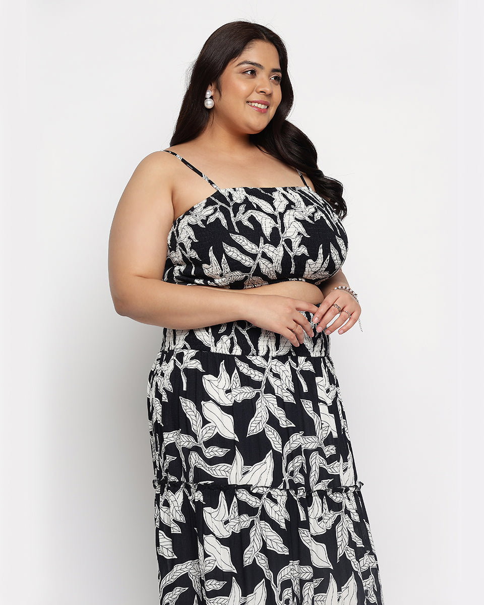 Drawstring Black & White Leaf Print Top For Women