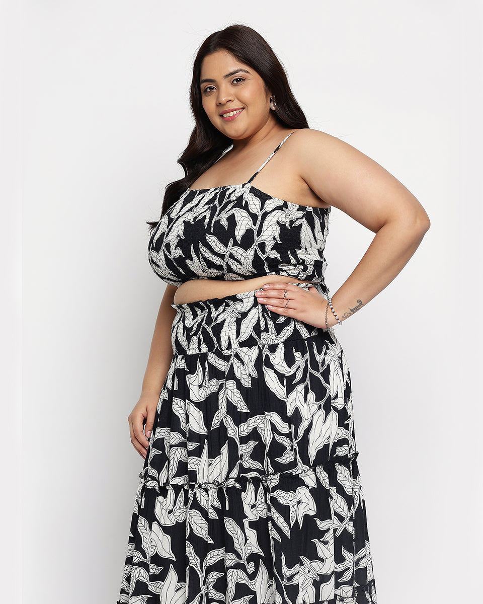Drawstring Black & White Leaf Print Top For Women