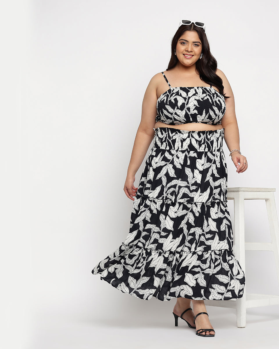 Drawstring Black & White Leaf Print Top For Women