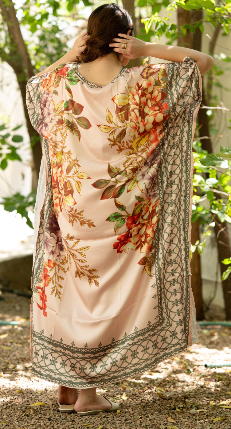 Leaf Print Peach Satin Silk Women Plus Size Kaftan Beach Dress