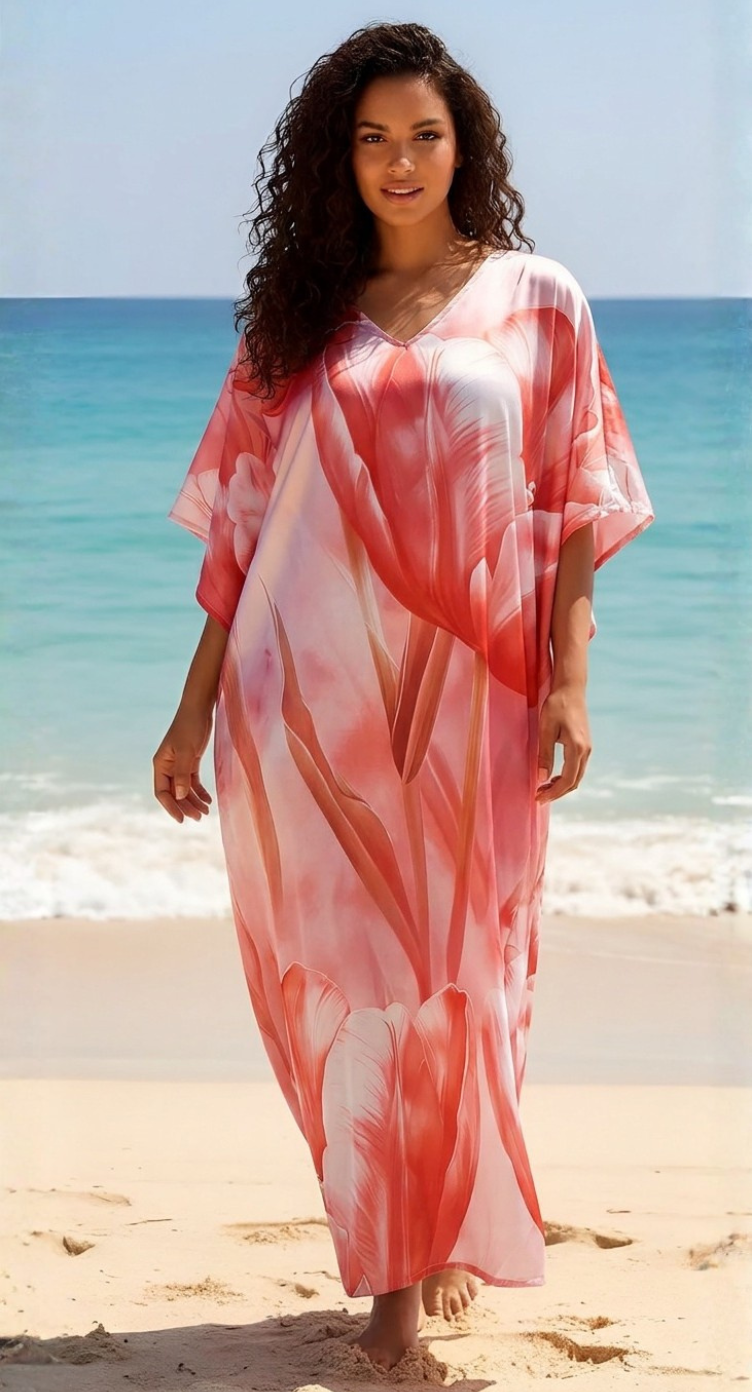 Baby pink satin plus size kaftan dress with coral tie-dye floral print and 3/4 kimono sleeves
