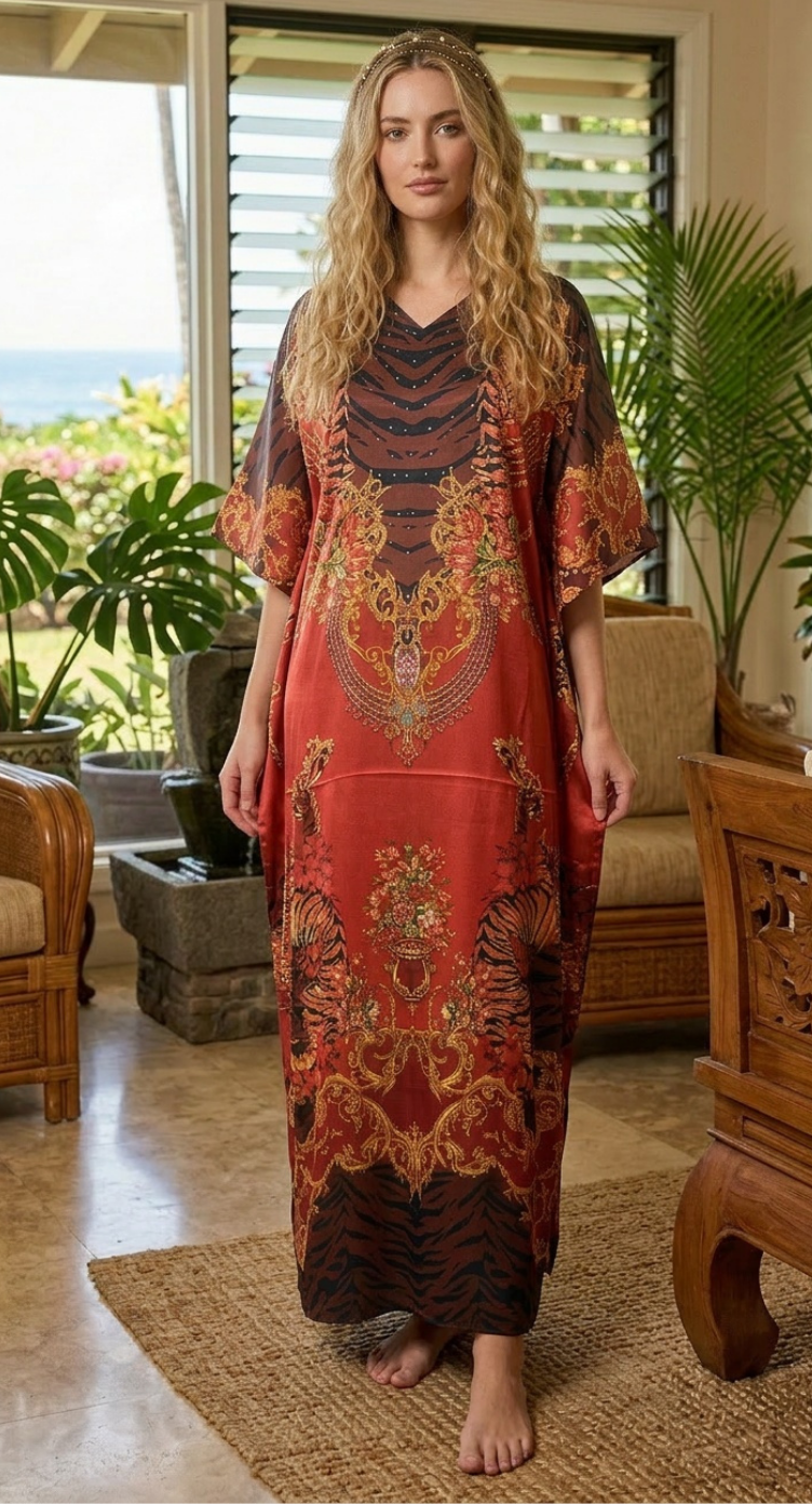 Rust Red Baroque Satin Women Plus Size Kaftan Holiday Dress