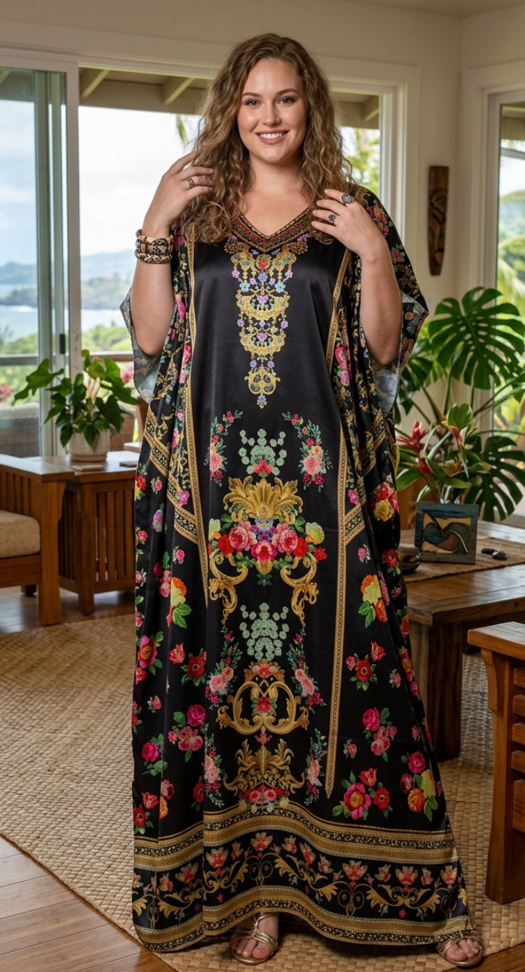 Black Floral Satin Women Plus Size Kaftan Elegant Dress