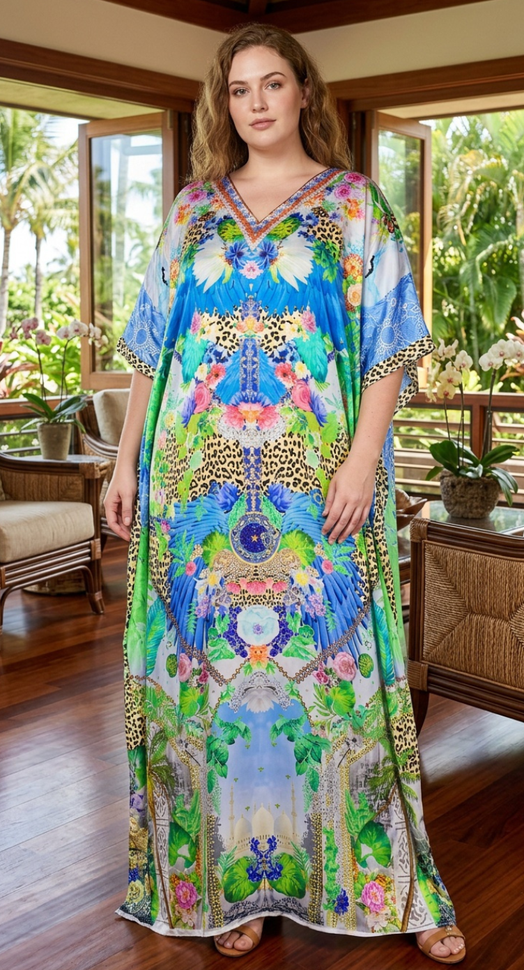 Light Blue Tropical Satin Women Plus Size Kaftan Resort Dress