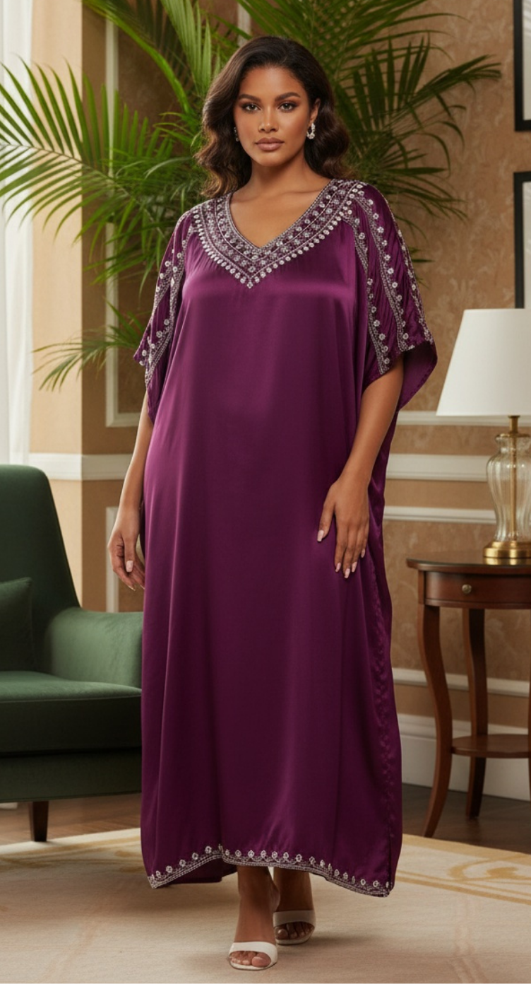 Purple Satin Plus Size Kaftan Solid With Embroidery Lace For Women