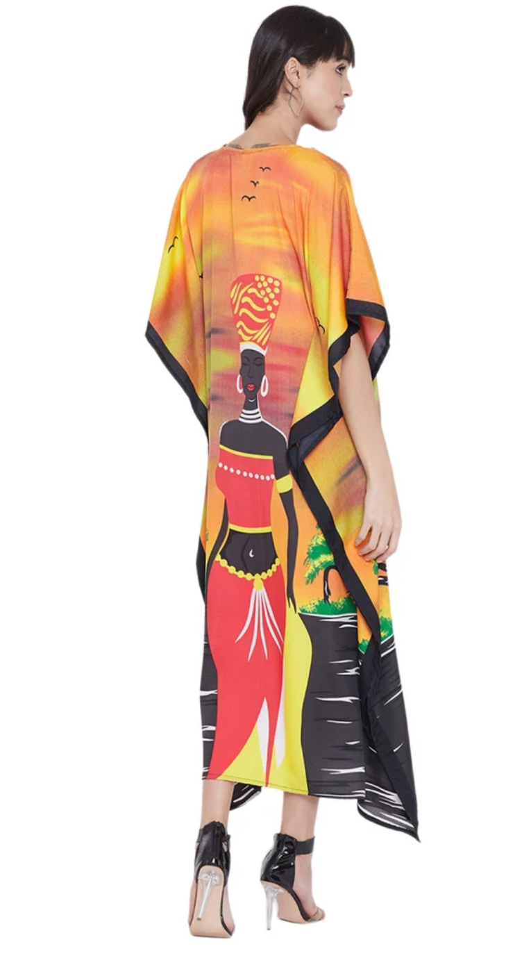 Orange Tribal Sunset Polyester Plus Size Kaftan for Women 1X-3X | GypsieBlu