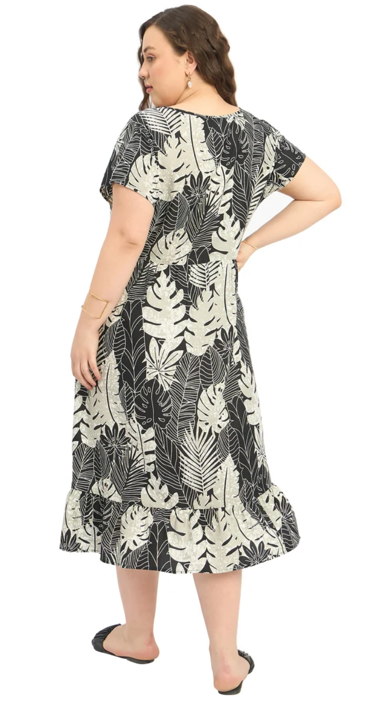 Gray Leaf Polyester Plus Size Midi Dress for Women 1X-3X | GypsieBlu