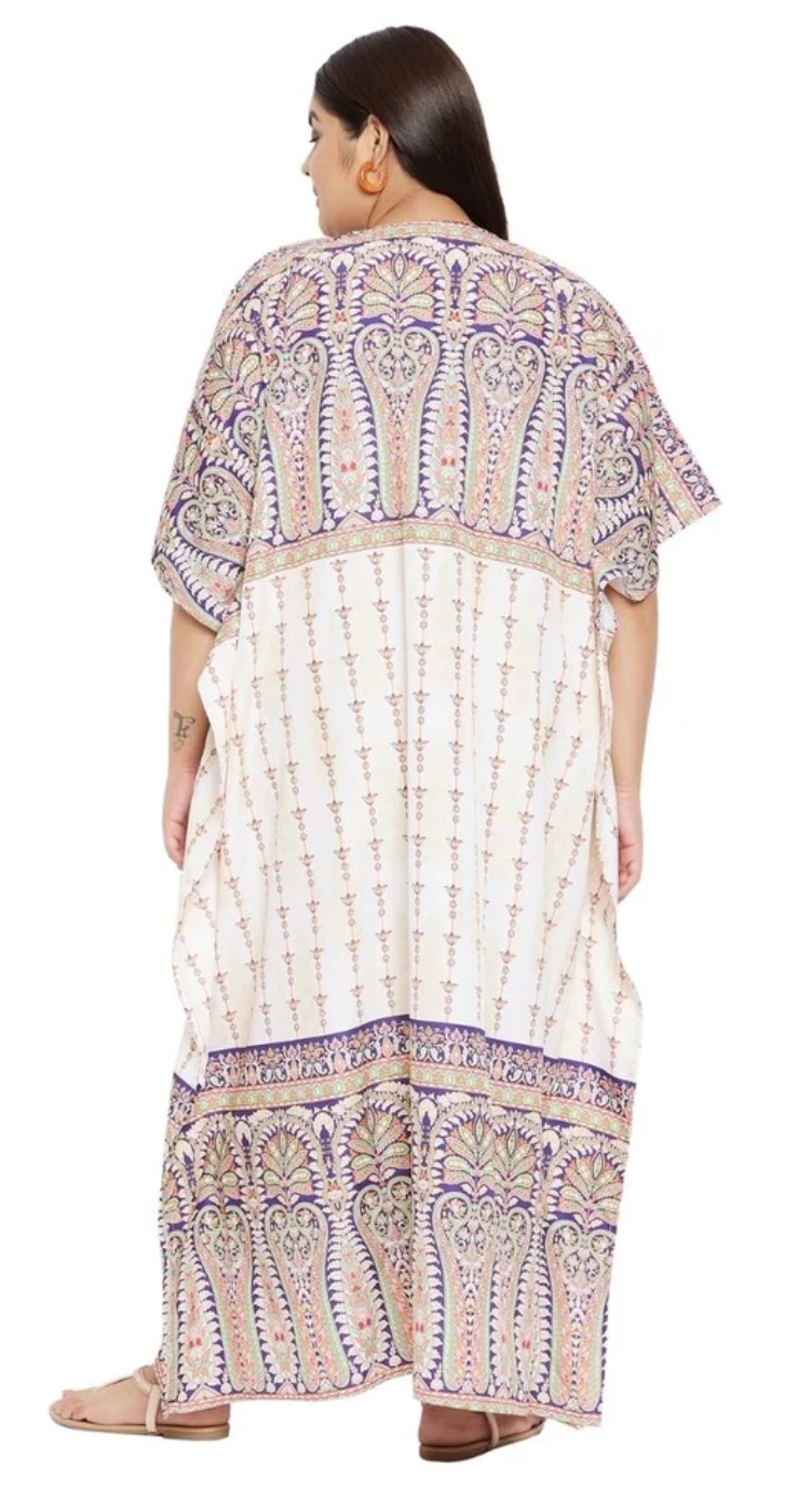 Cream Floral Paisley Damask Polyester Plus Size Kaftan for Women 1X-3X | GypsieBlu