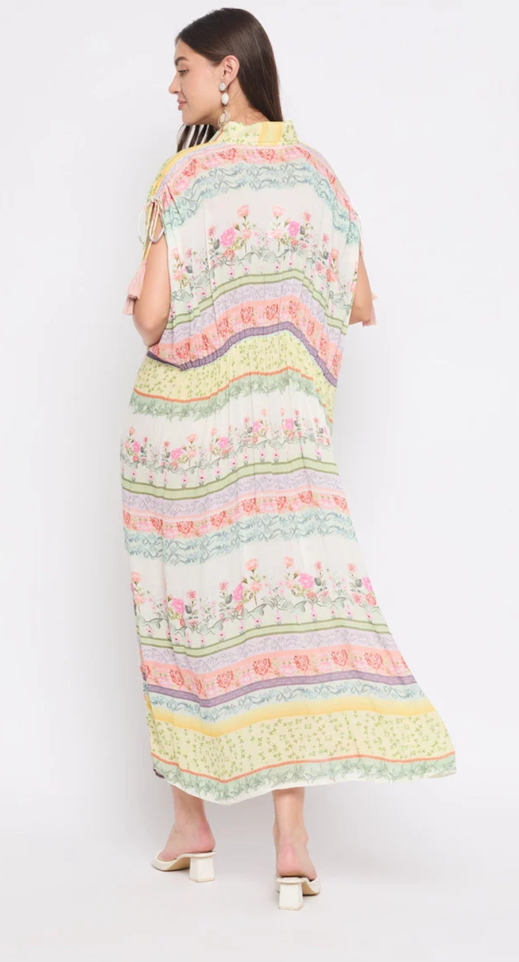 White Pastel Floral Rayon Kaftan for Women S-XL | GypsieBlu