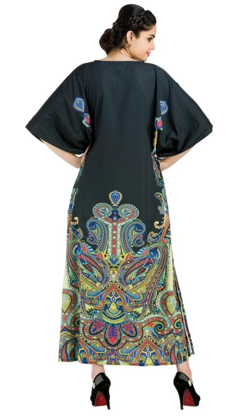Black Border Paisley Damask Polyester Plus Size Kaftan for Women 1X-3X V Neck | GypsieBlu