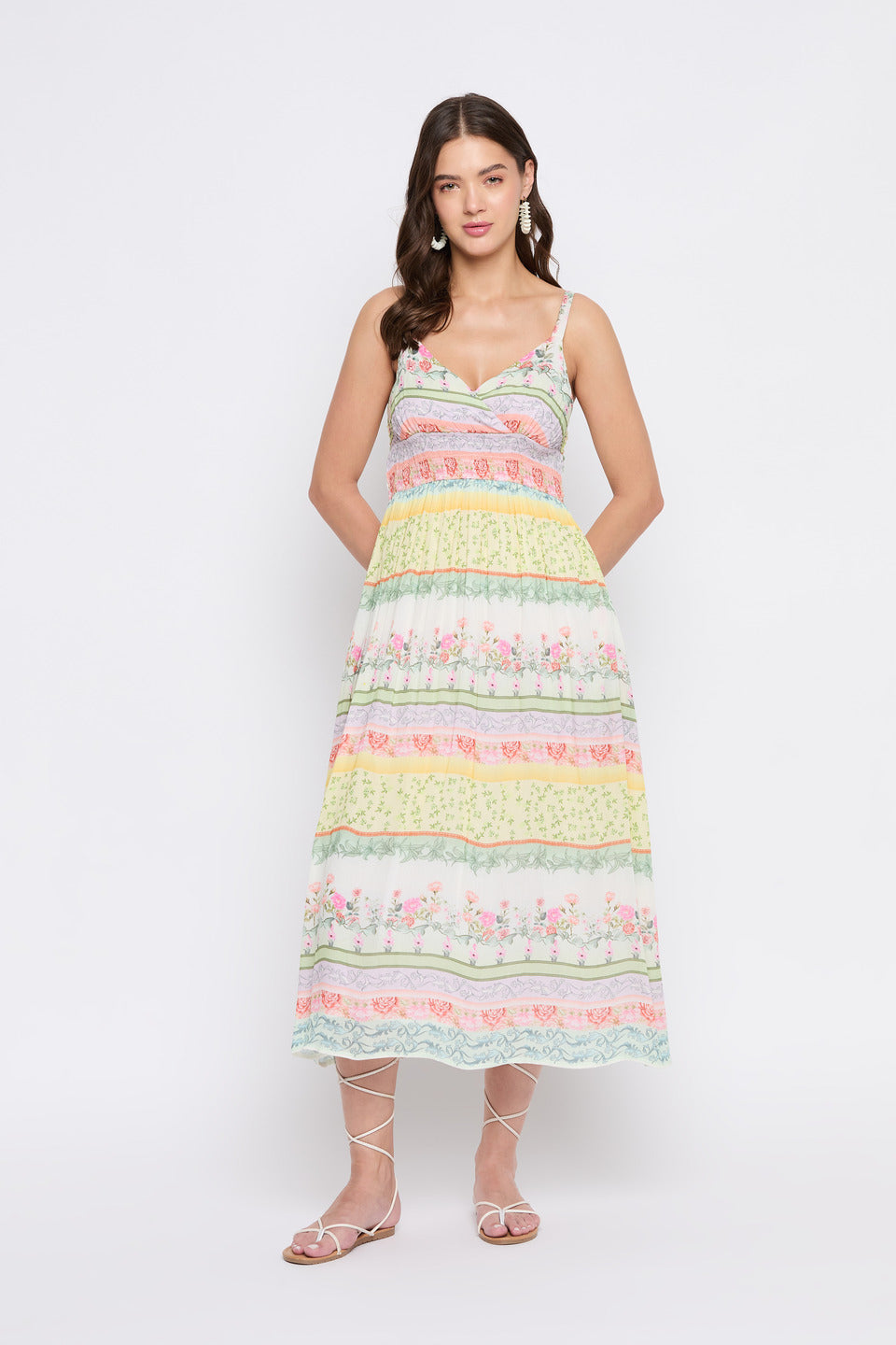 White Floral Printed Rayon Crepe Maxi Dress For Women